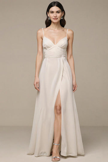 Mousseline de soie ivoire Une ligne spaghetti bretelles Corset Robe de bal longue avec fente